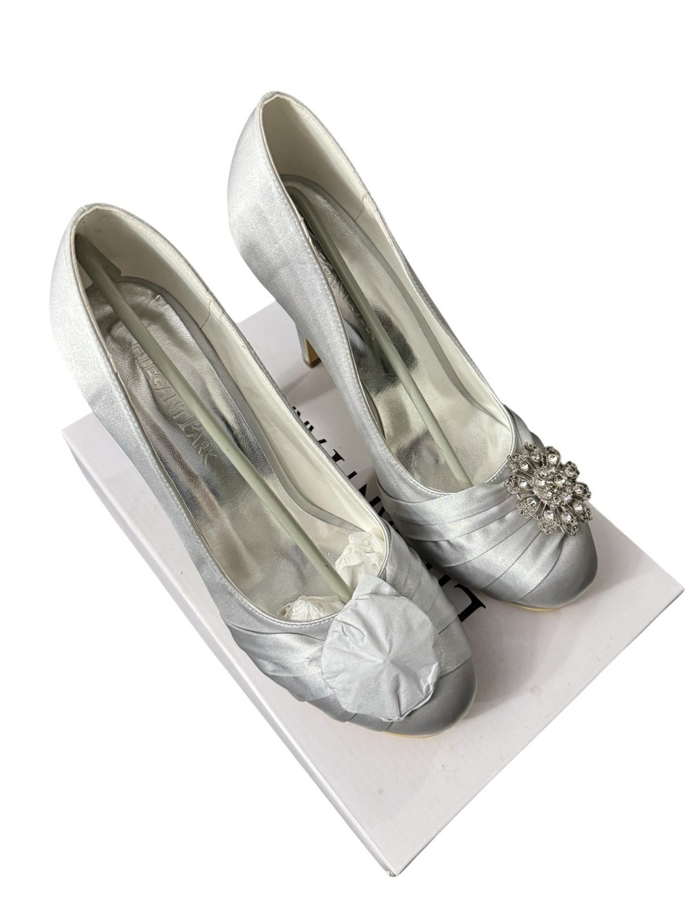 Elegant Park Silver Satin Rhinestone Flower Heels Wedding Size 10